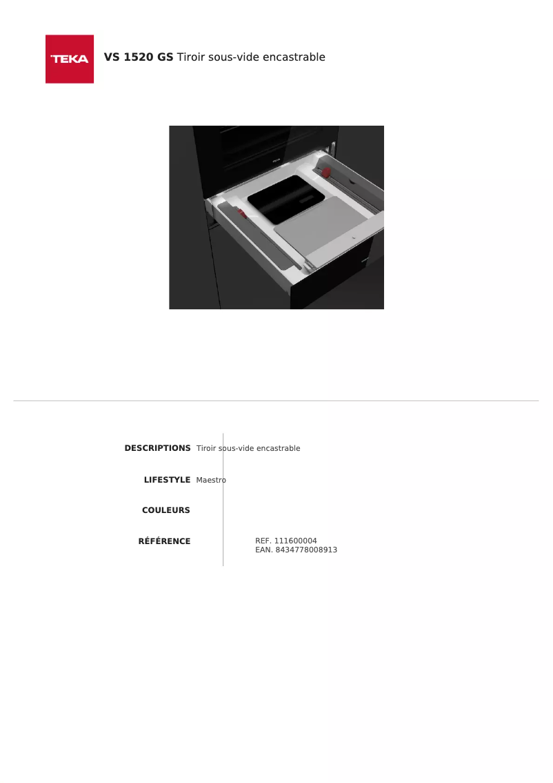 Page 1 de la notice Fiche technique Teka VS 1520 GS