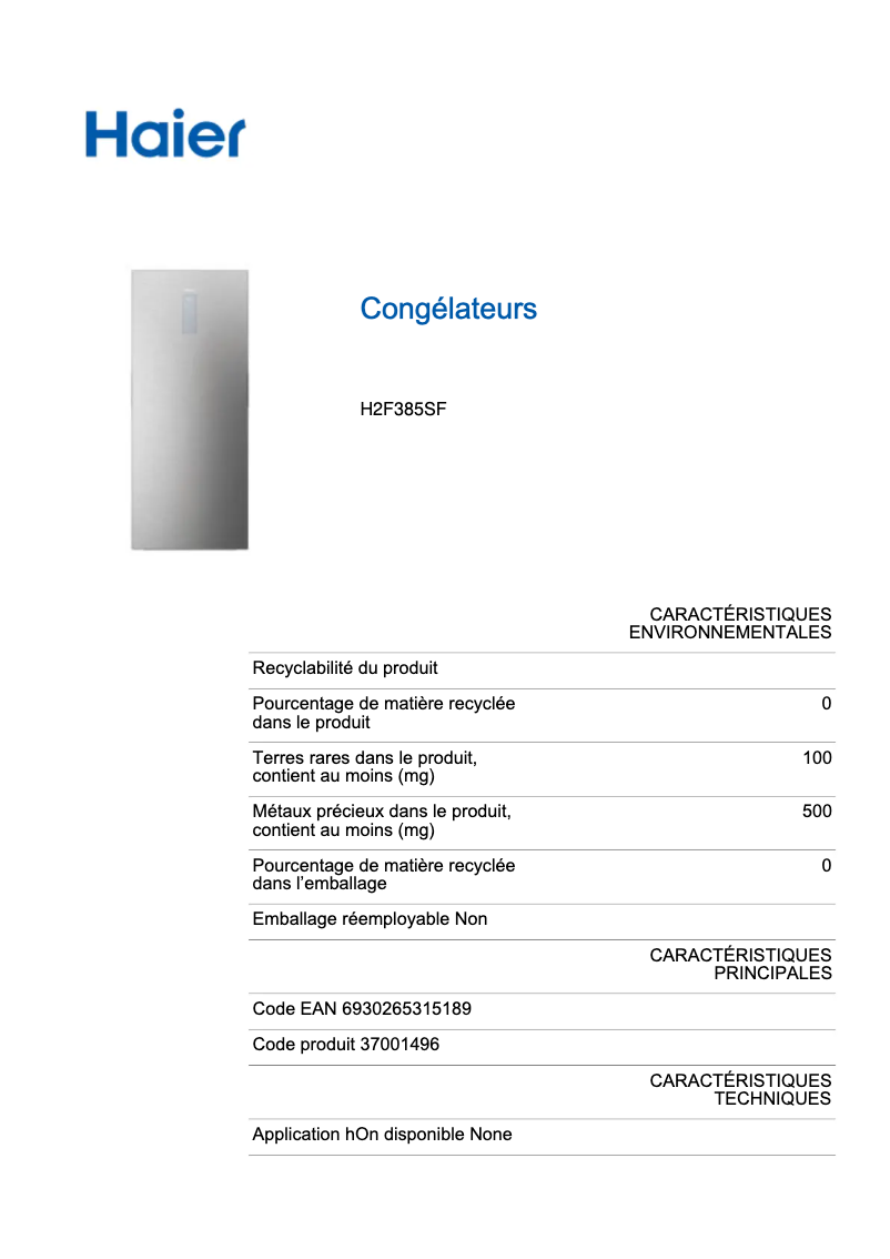 Page 1 de la notice Label énergétique Haier H2F385SF