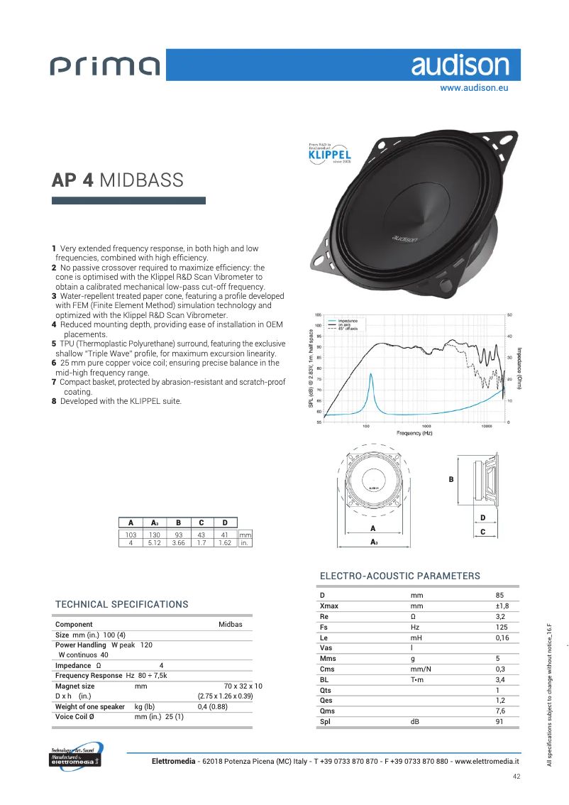 Page 1 de la notice Fiche technique Audison Prima AP 4