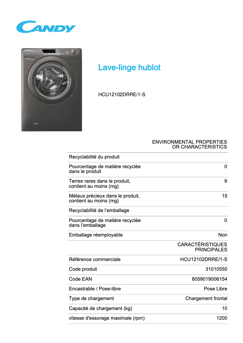 Page 1 de la notice Fiche technique Candy HCU12102DRRE/1-S