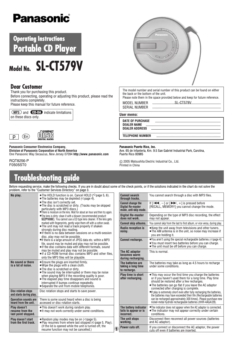 Page 1 de la notice Manuel utilisateur Panasonic SL-CT579V