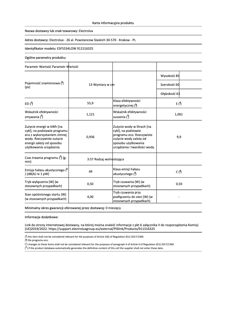 Page 1 de la notice Fiche technique Electrolux ESF5534LOW
