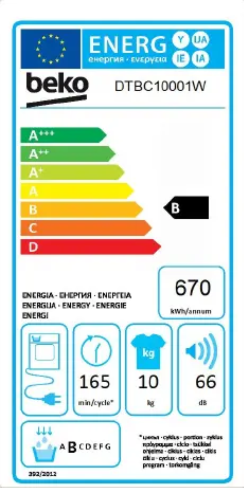 Page n°1 - Label énergétique Beko DTBC10001