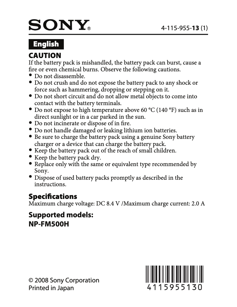 Page n°1 - Manuel utilisateur Sony NP-FM500H