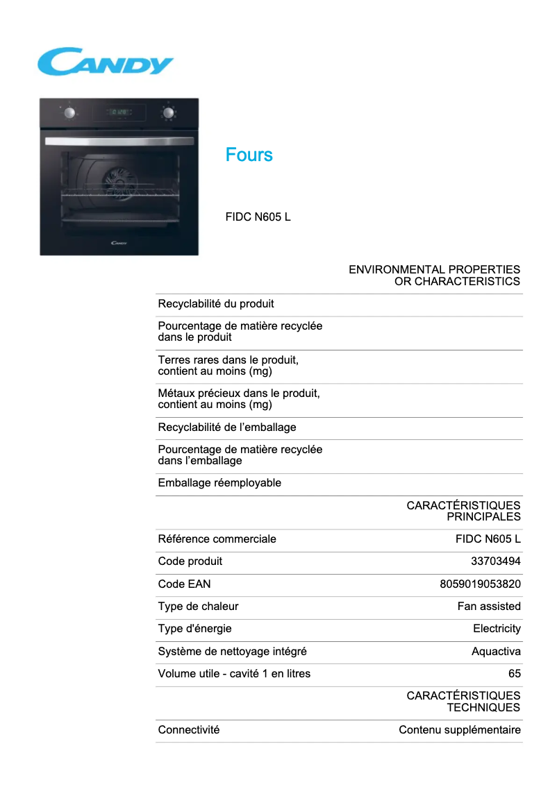 Page 1 de la notice Fiche technique Candy FIDC N605 L