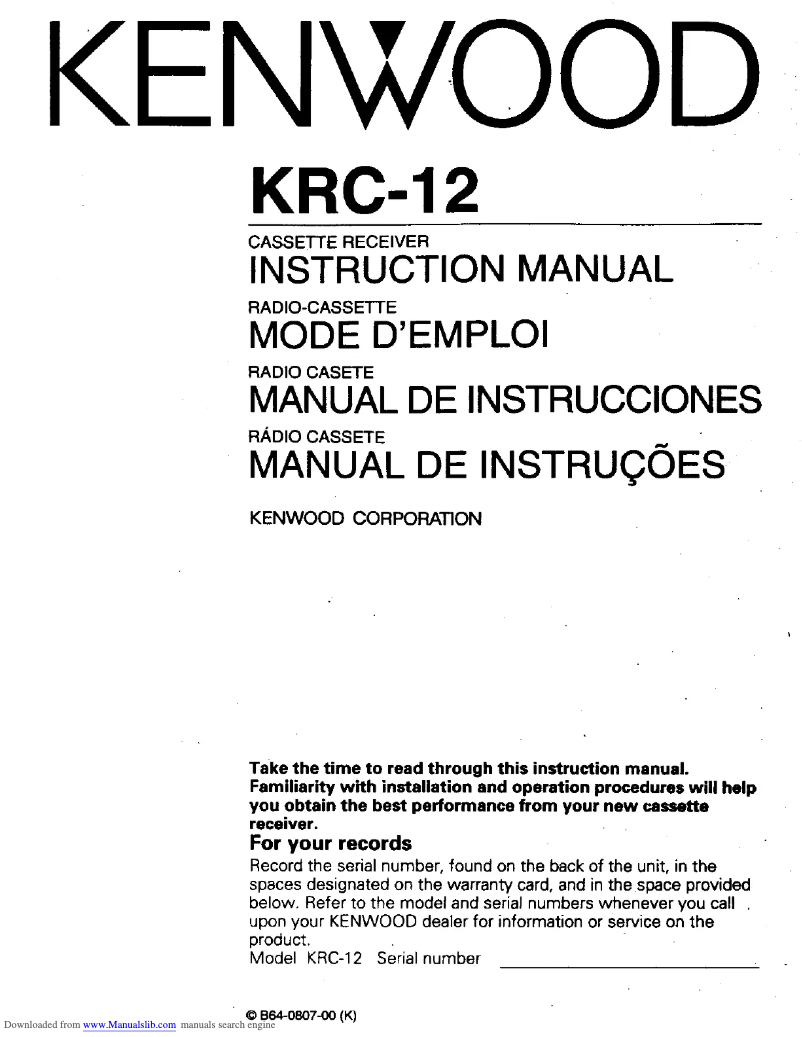 Page n°1 - Manuel utilisateur Kenwood KRC-12R