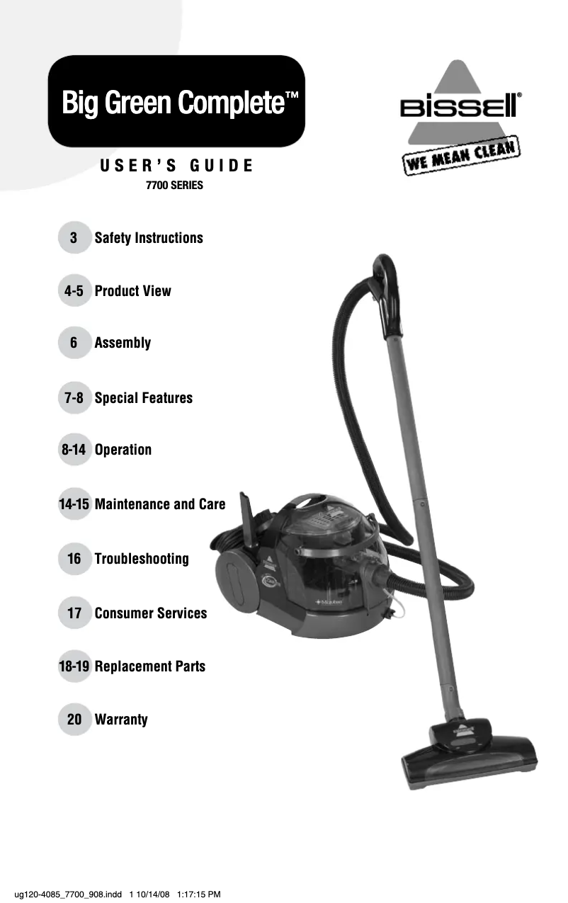 Page 1 de la notice Manuel utilisateur Bissell Big Green Complete 7700