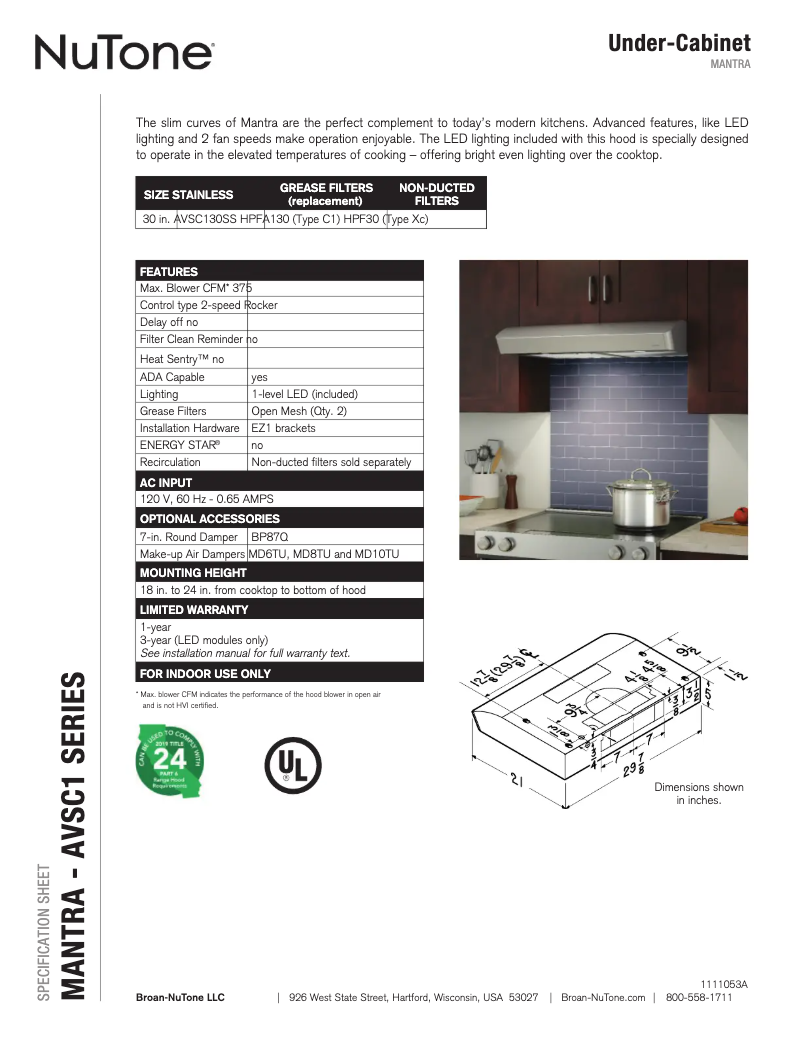 Page 1 de la notice Fiche technique NuTone AVSC130SS