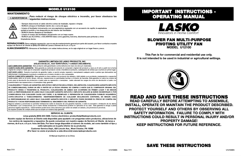 Page 1 de la notice Manuel utilisateur Lasko U12100