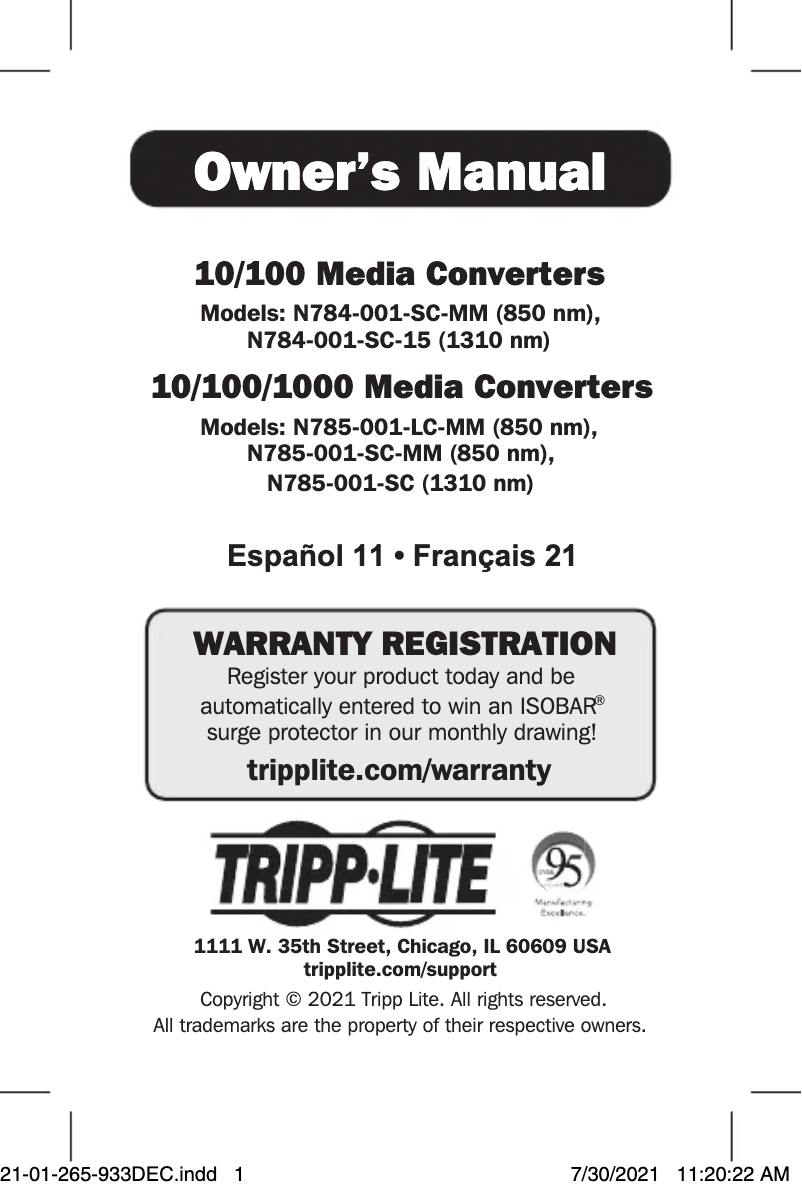 Page 1 de la notice Manuel utilisateur Tripp Lite N784-001-SC-15
