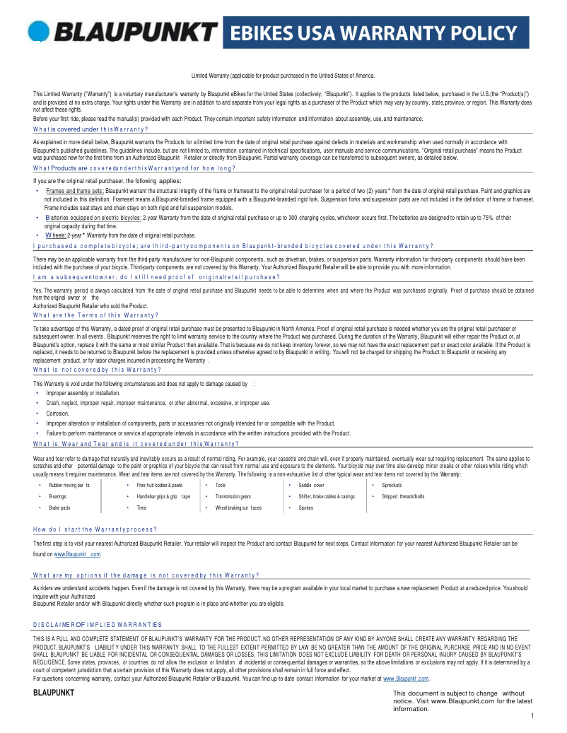 Page n°1 - Informations de garantie Blaupunkt Henri