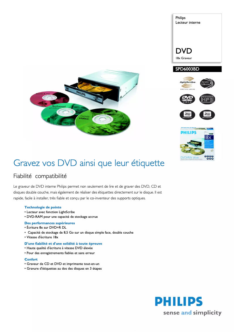 Page 1 de la notice Fiche technique Philips SPD6003BD