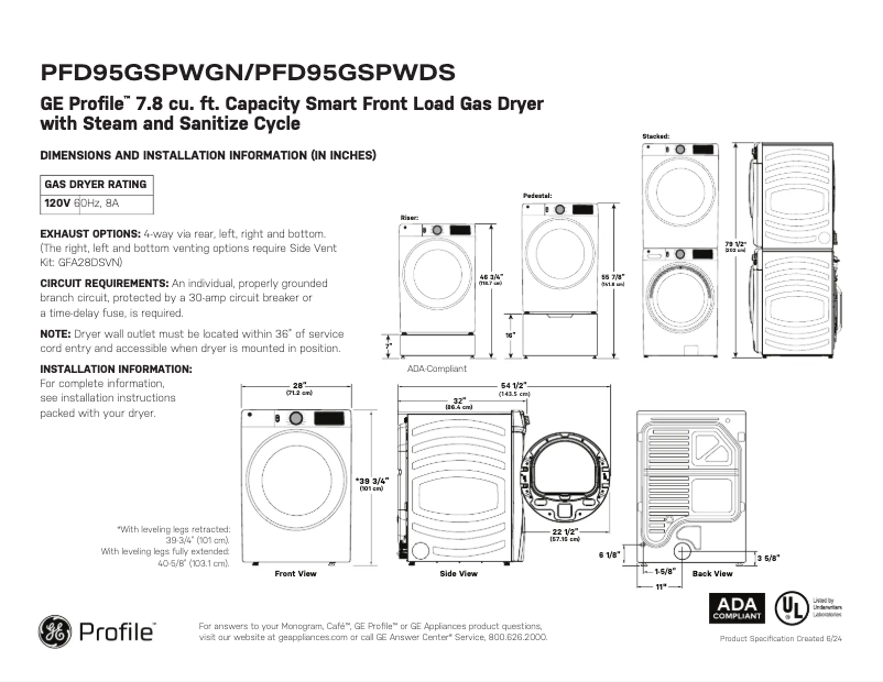 Page 1 de la notice Fiche technique GE PFD95GSPWGN