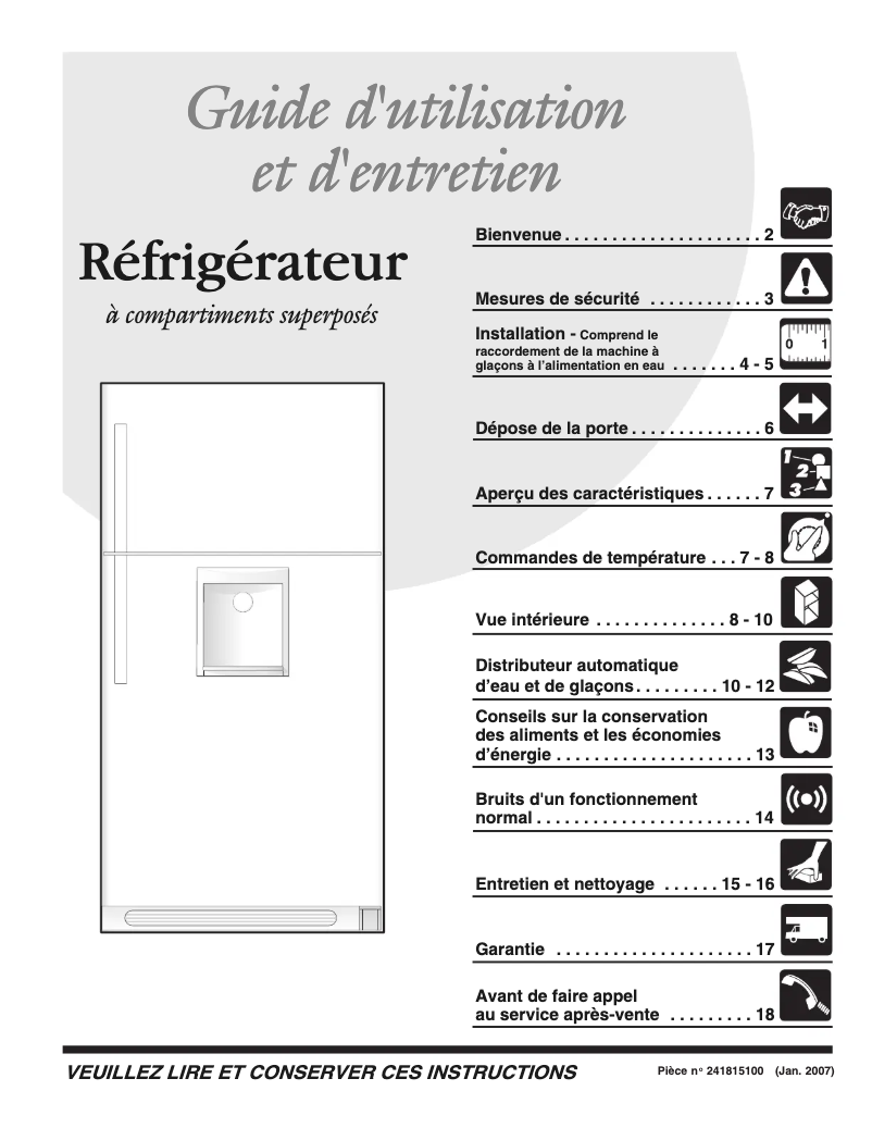 Page 1 de la notice Manuel utilisateur Frigidaire PHT189WHKM