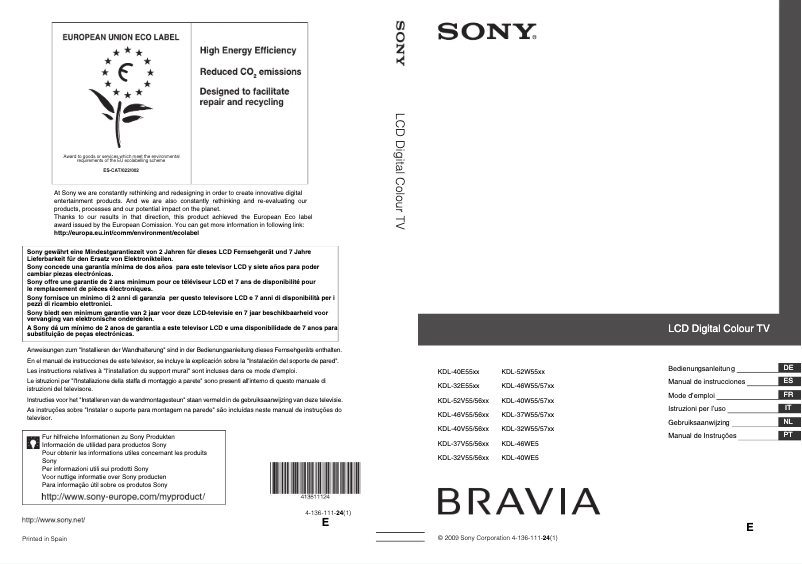 Page 1 de la notice Manuel utilisateur Sony Bravia KDL-40V5610