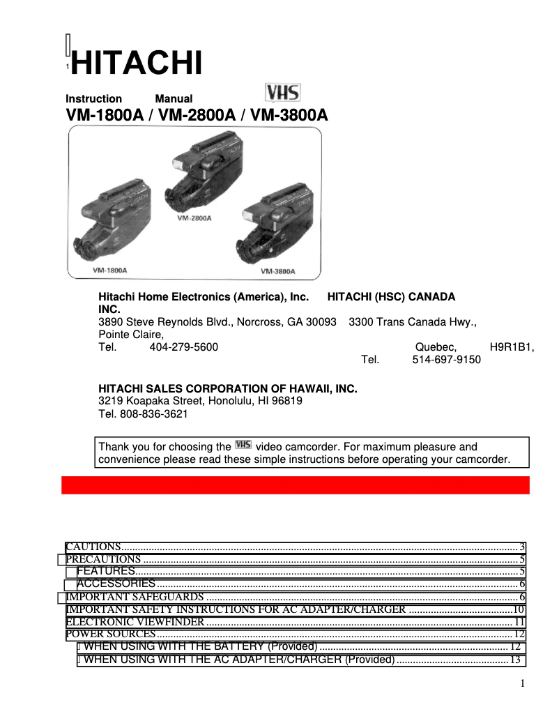 Page n°1 - Manuel utilisateur Hitachi VM-2800A