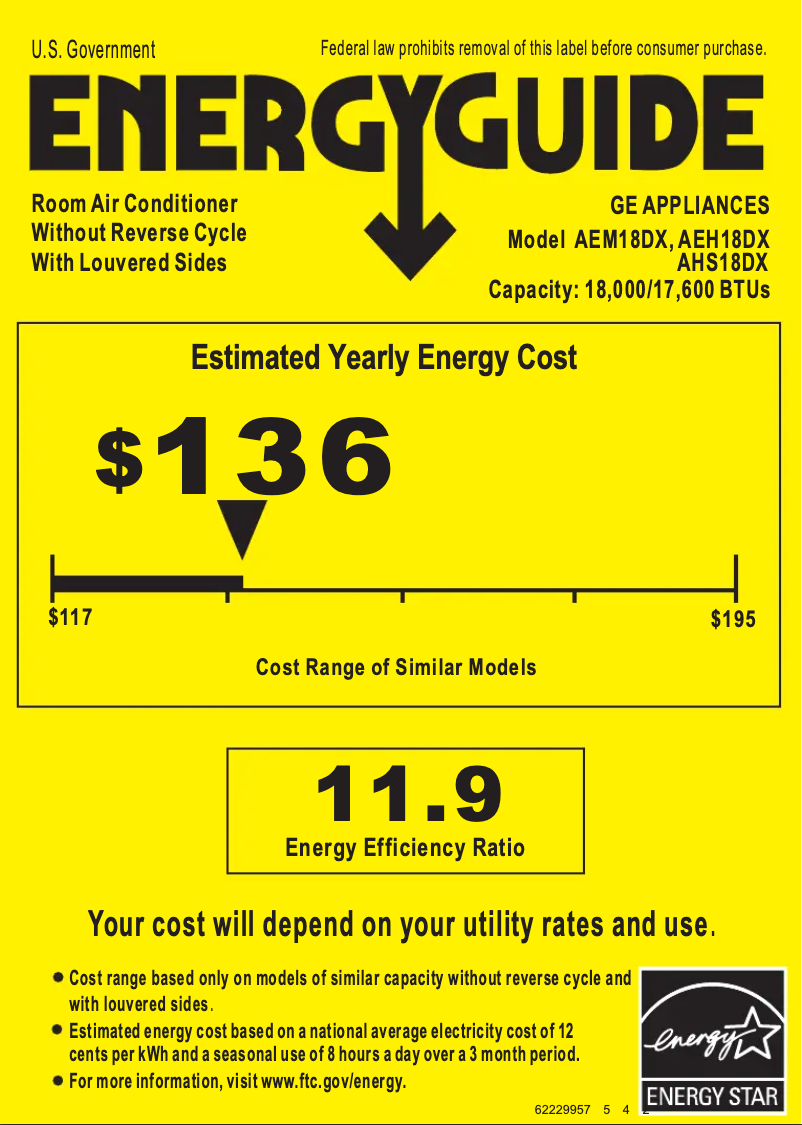 Page 1 de la notice Label énergétique GE AEH18DX