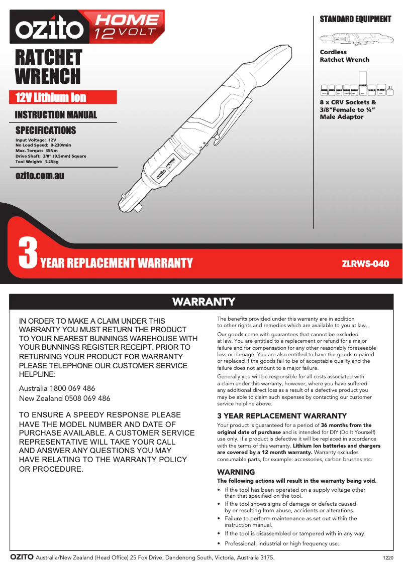 Page n°1 - Manuel utilisateur Ozito ZLRWS-040