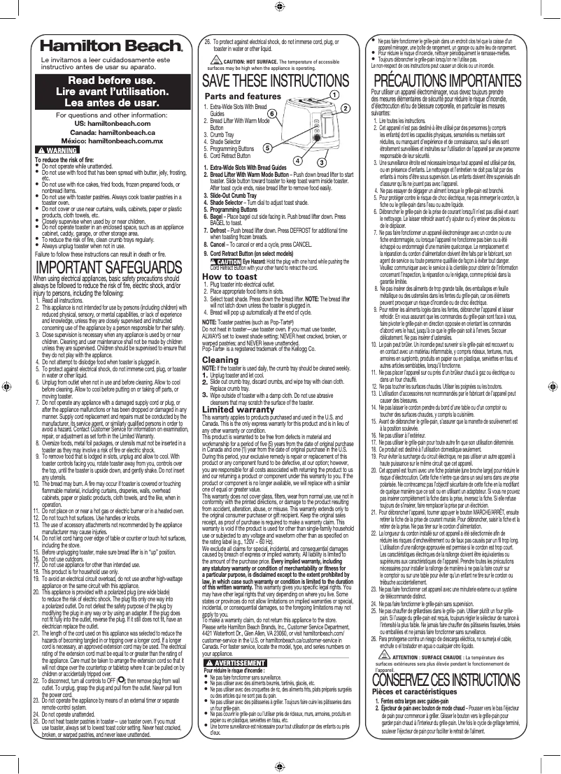 Page 1 de la notice Manuel d'utilisation et d'entretien Hamilton Beach 22810