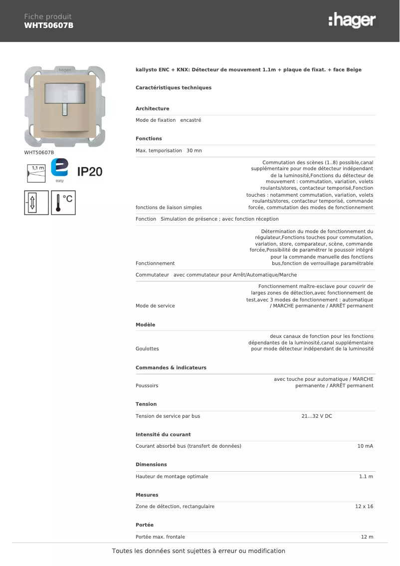 Page 1 de la notice Fiche technique Hager WHT50607B