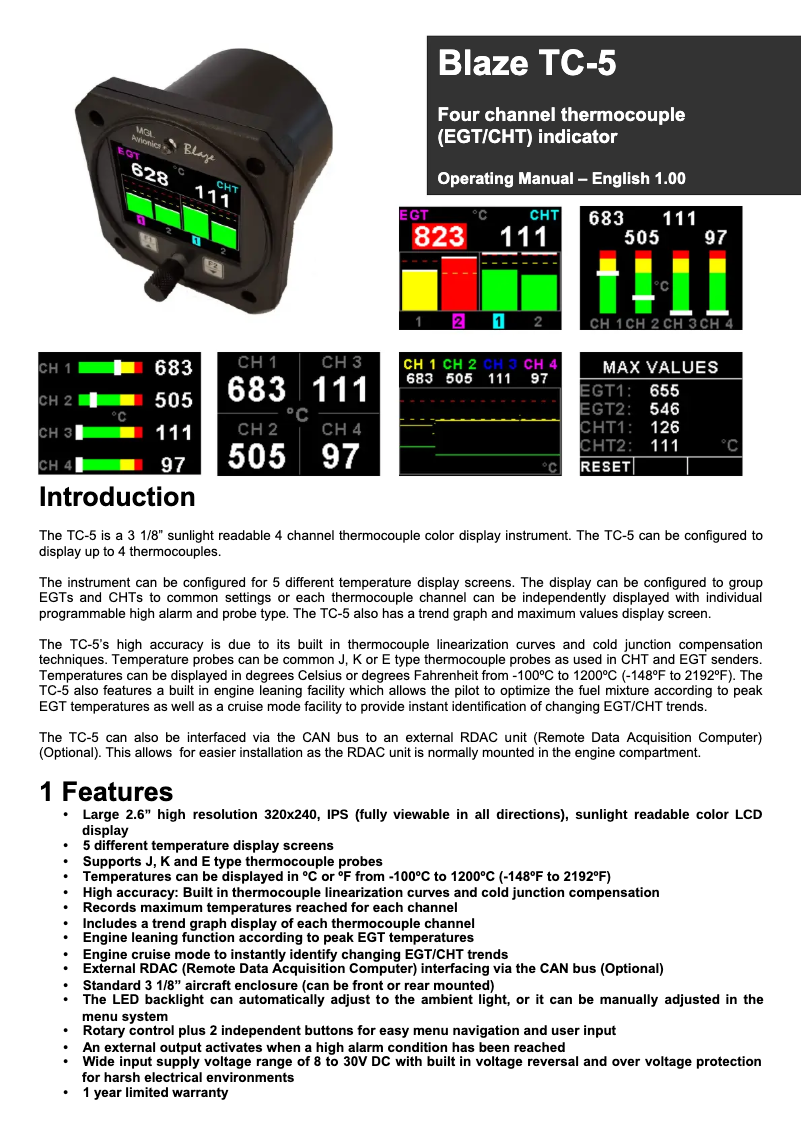 Page 1 de la notice Manuel utilisateur MGL Avionics Blaze TC-5