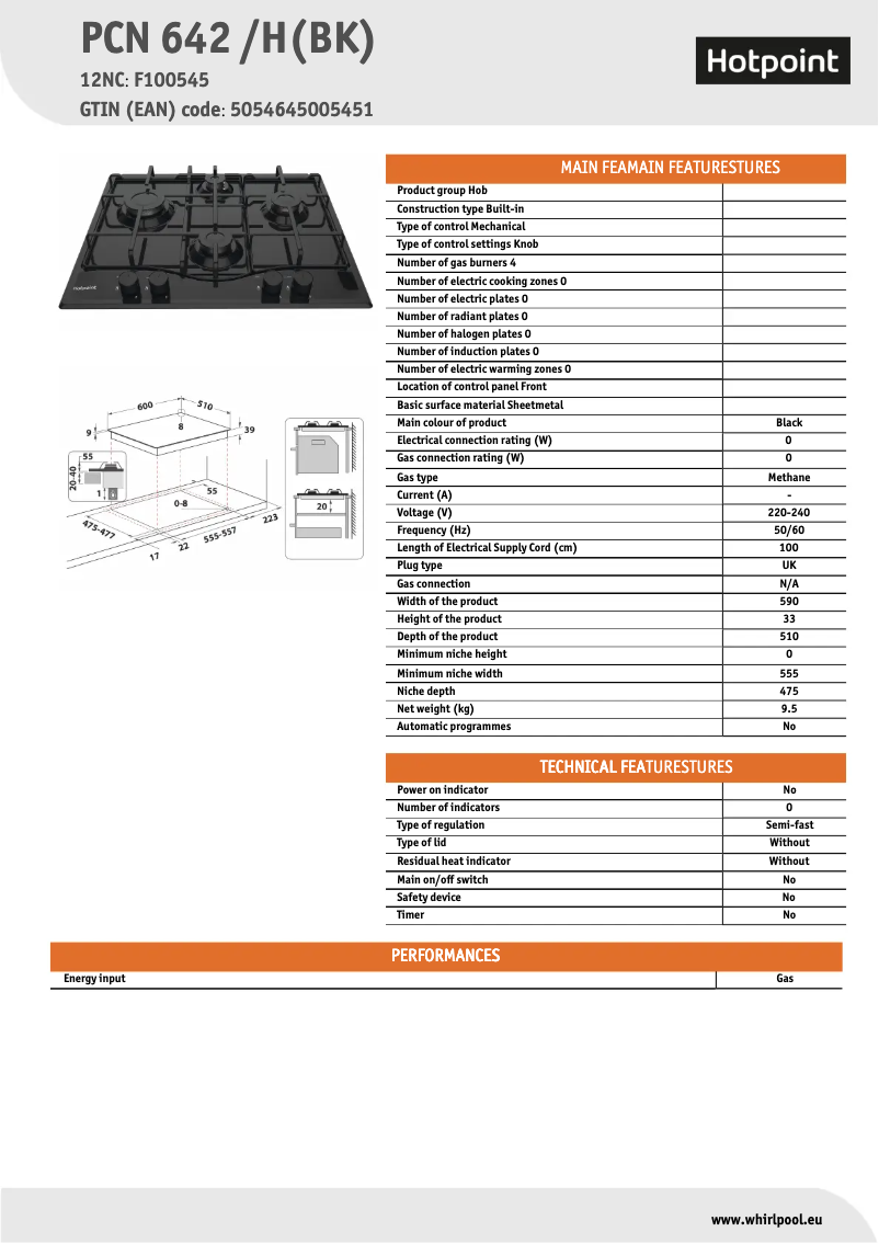 Page n°1 - Fiche technique Hotpoint PCN 642 /H(BK)