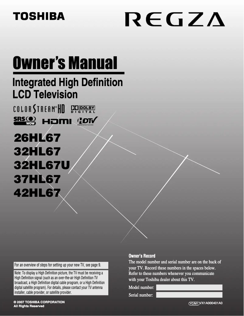 Page 1 de la notice Manuel utilisateur Toshiba Regza 42HL67