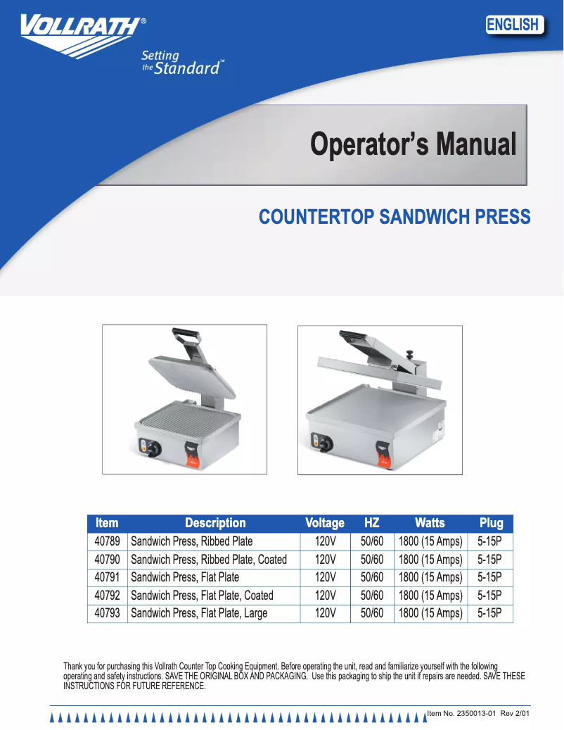 Page 1 de la notice Manuel utilisateur Vollrath 40792