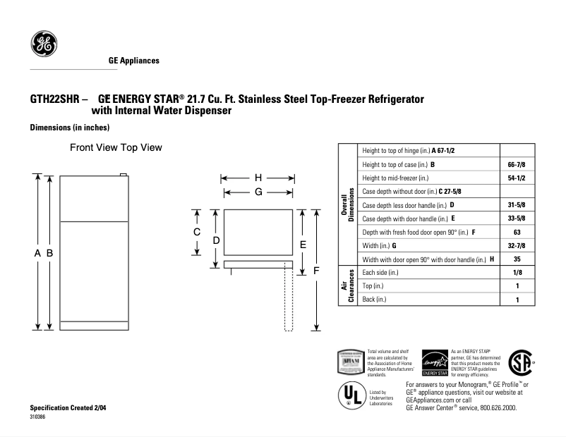 Página 1 del manual Ficha técnica GE GTH22SHRBS