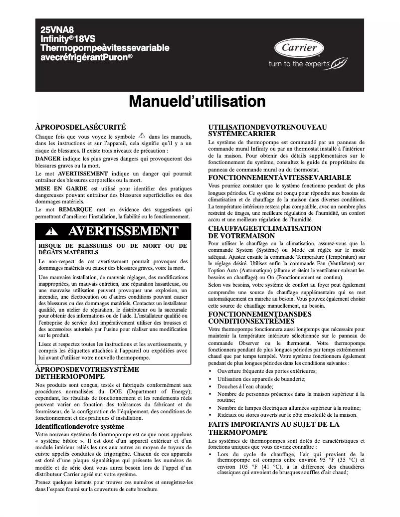 Image de la première page du manuel de l'appareil Infinity 25VNA8