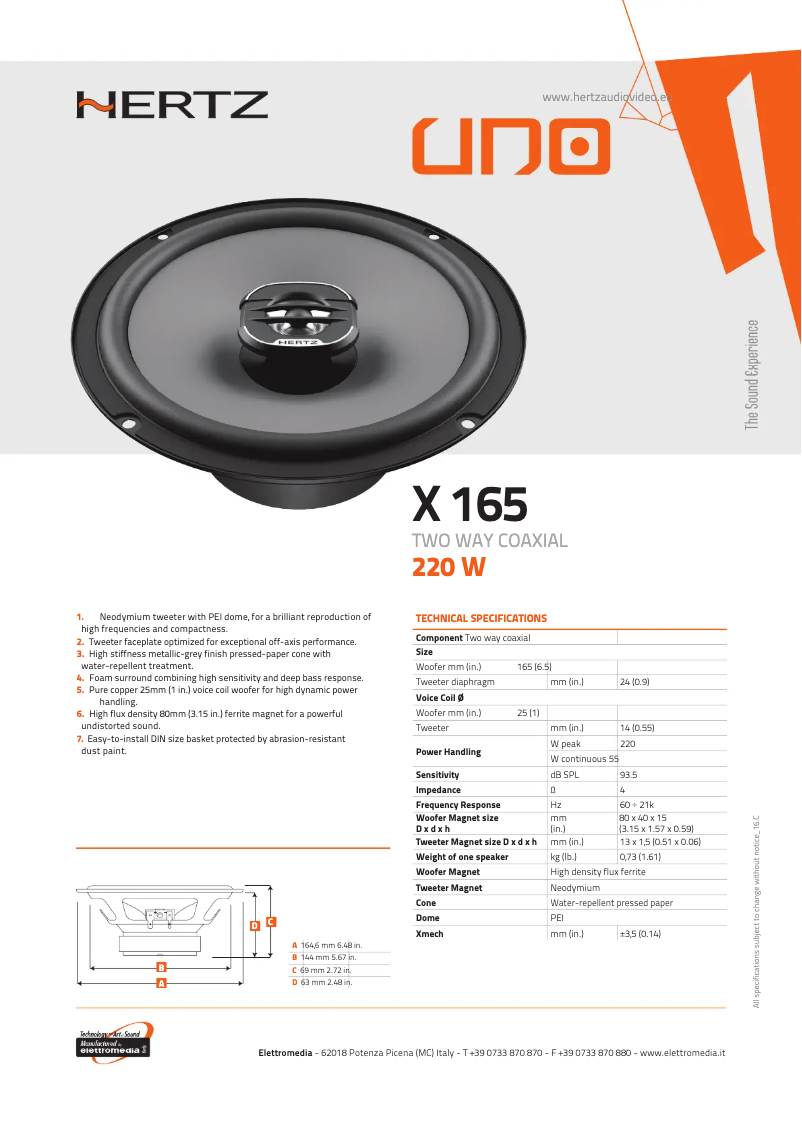 Página 1 del manual Ficha técnica Hertz Uno X 165