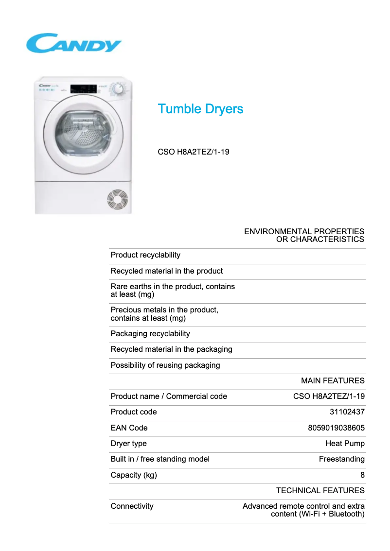 Page n°1 - Fiche technique Candy CSO H8A2TEZ/1-19