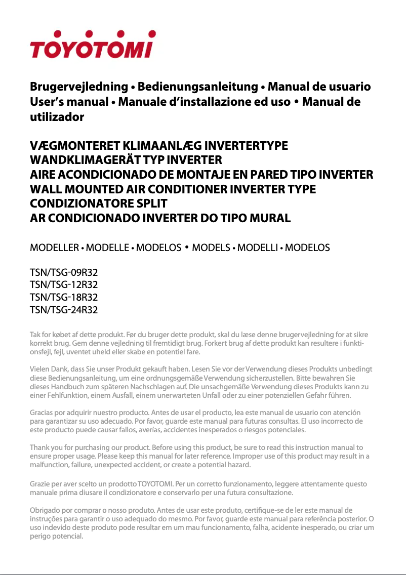 Page n°1 - Manuel utilisateur Toyotomi TSN/TSG-09R32