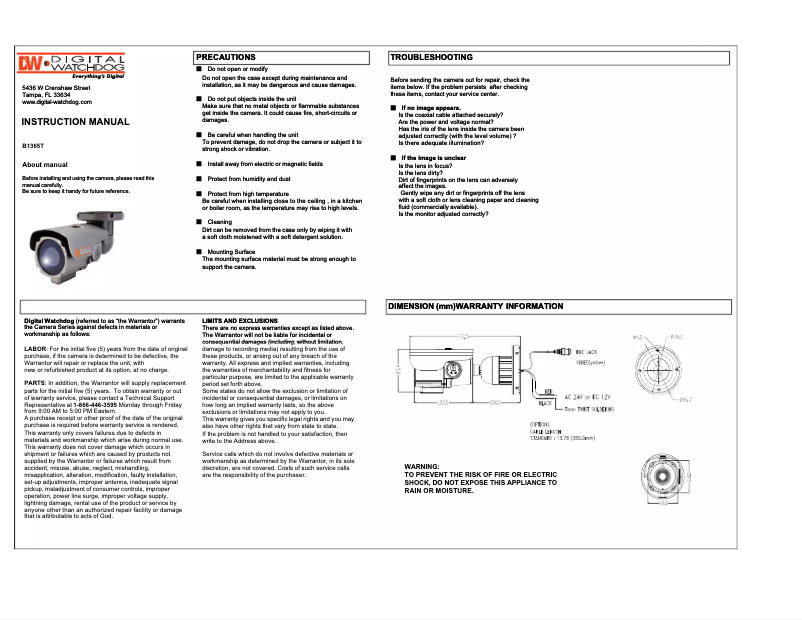 Page 1 de la notice Manuel utilisateur Digital Watchdog DWC-B1365T