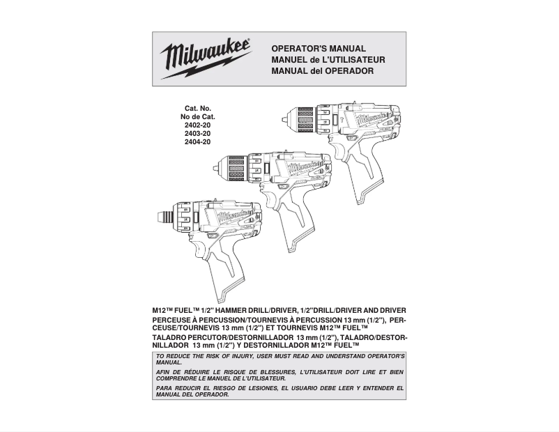 Page n°1 - Manuel d'utilisation et d'entretien Milwaukee 2402-20