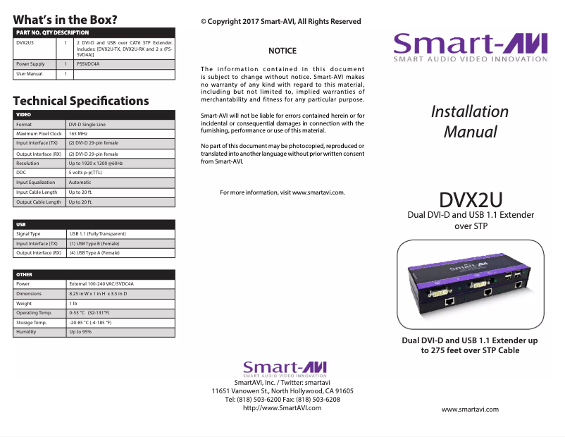 Page 1 de la notice Manuel utilisateur Smart-AVI DVX2US