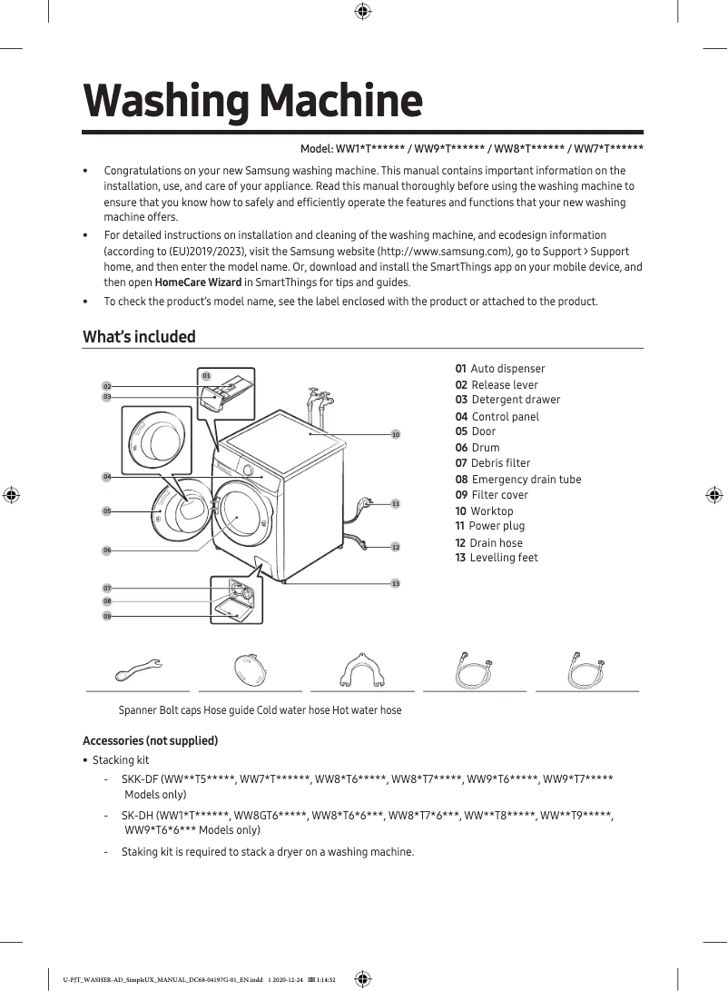 Page 1 de la notice Manuel utilisateur Samsung WW90T734DBH