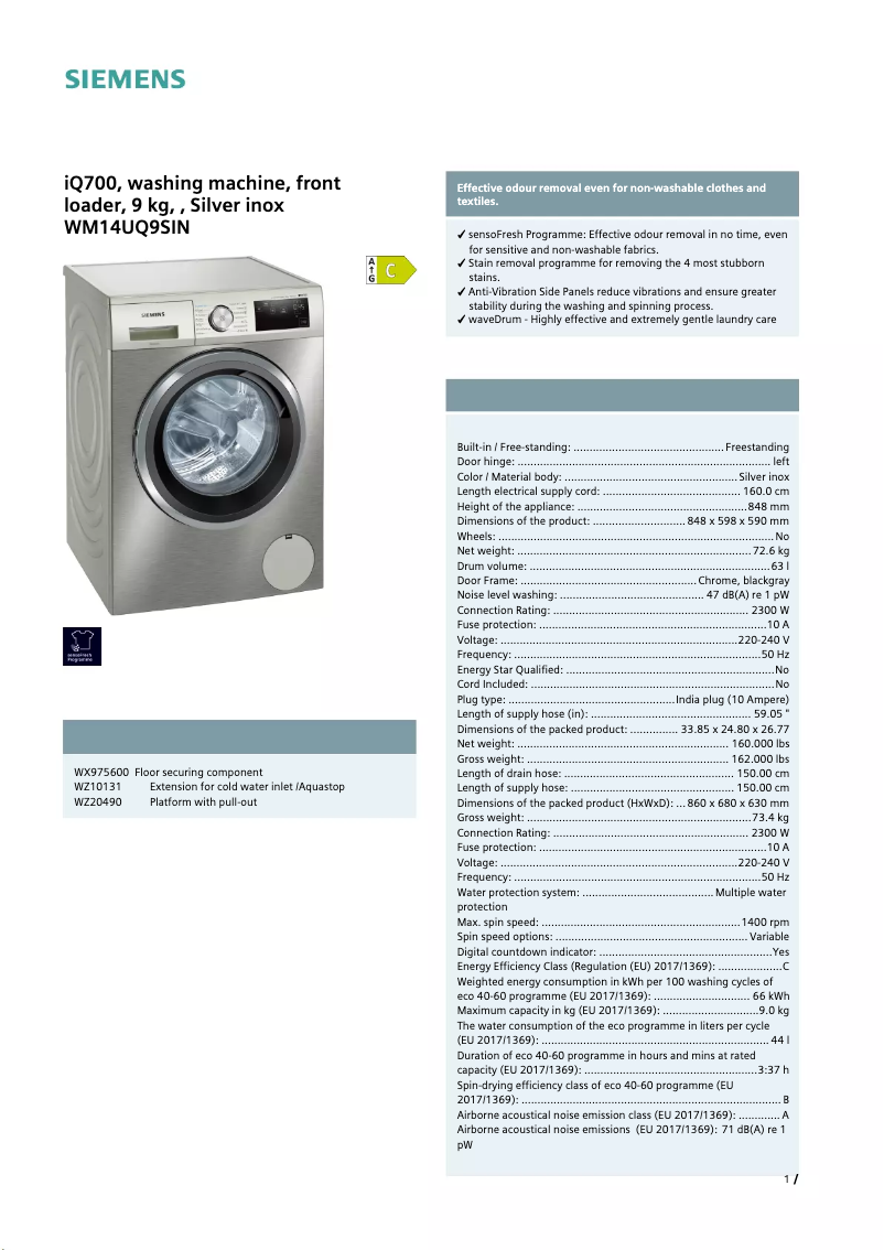 Page n°1 - Fiche technique Siemens WM14UQ9SIN