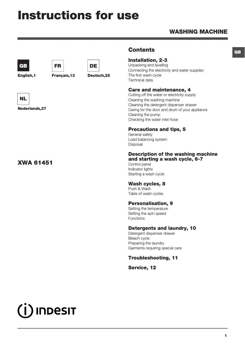Image de la première page du manuel de l'appareil XWA 61451