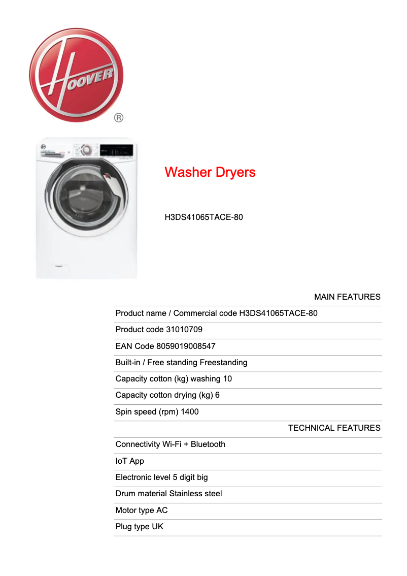 Page n°1 - Fiche technique Hoover H-WASH & DRY 300