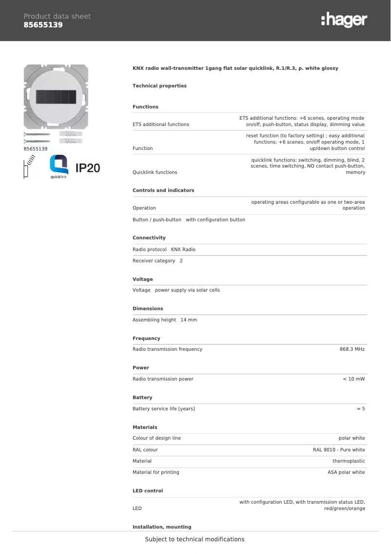 Page n°1 - Fiche technique Hager 85655139