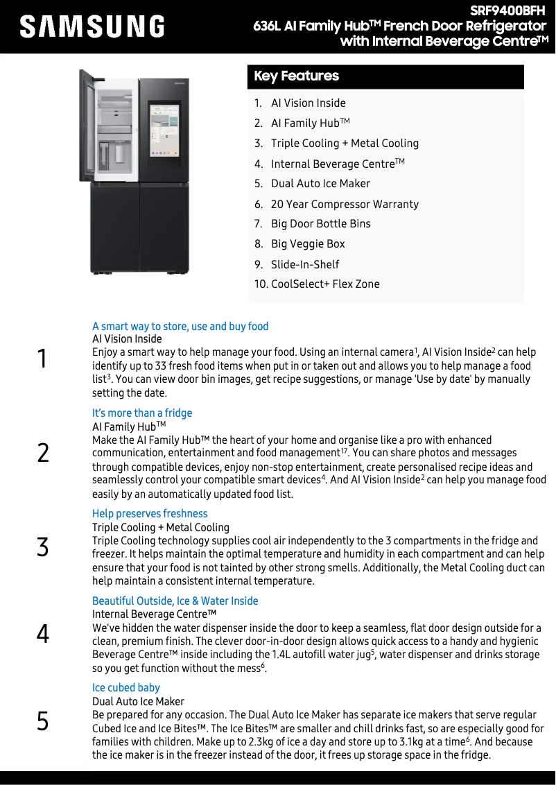 Page 1 de la notice Fiche technique Samsung SRF9400BFH