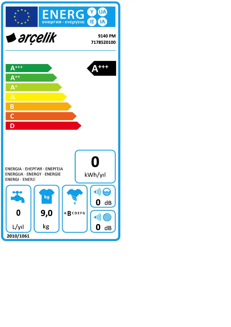 Page 1 de la notice Label énergétique Arçelik 9140 PM