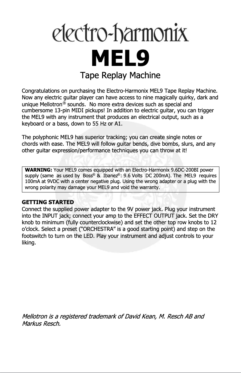 Page 1 de la notice Manuel utilisateur Electro Harmonix MEL9