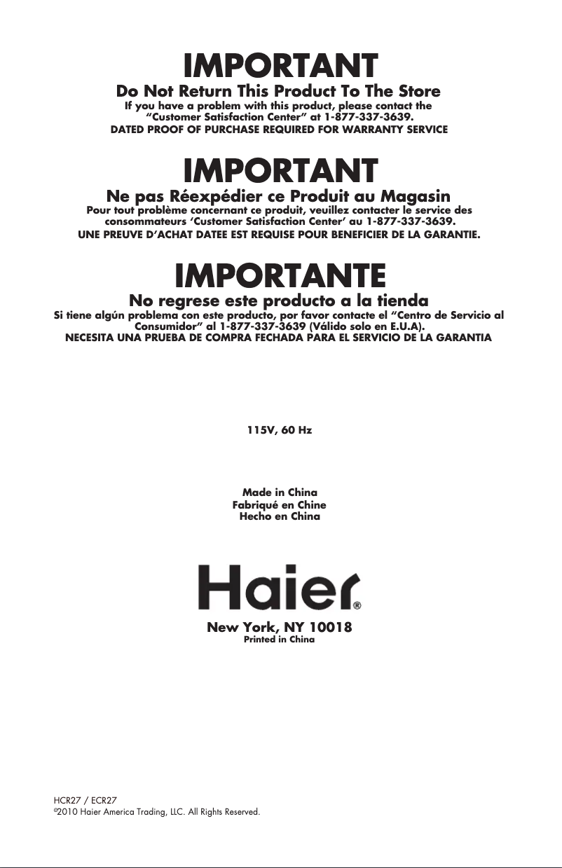 Page 1 de la notice Manuel utilisateur Haier HCR27W