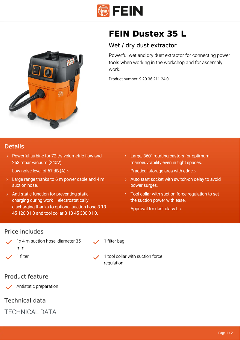 Página 1 del manual Ficha técnica Fein Dustex 35 L