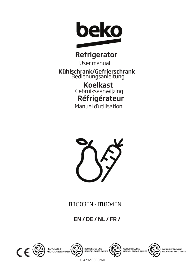 Page 1 de la notice Manuel utilisateur Beko B1803FN