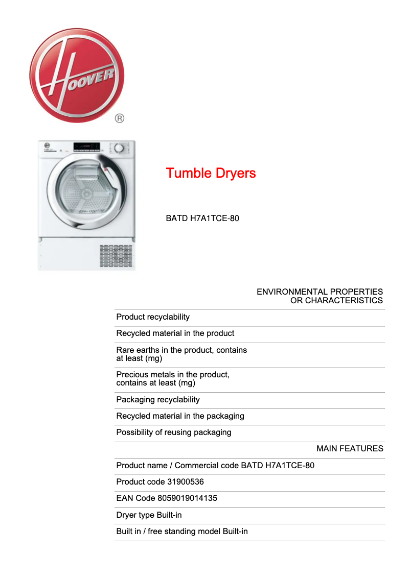 Page n°1 - Fiche technique Hoover BATD H7A1TCE-80