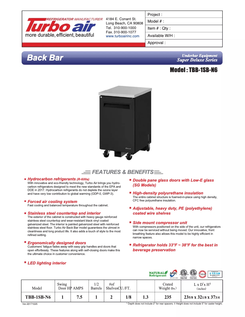 Page 1 de la notice Fiche technique Turbo air TBB-1SB