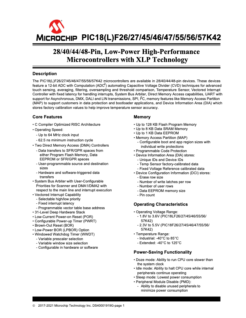 Page 1 de la notice Fiche technique Microchip PIC18F56K42